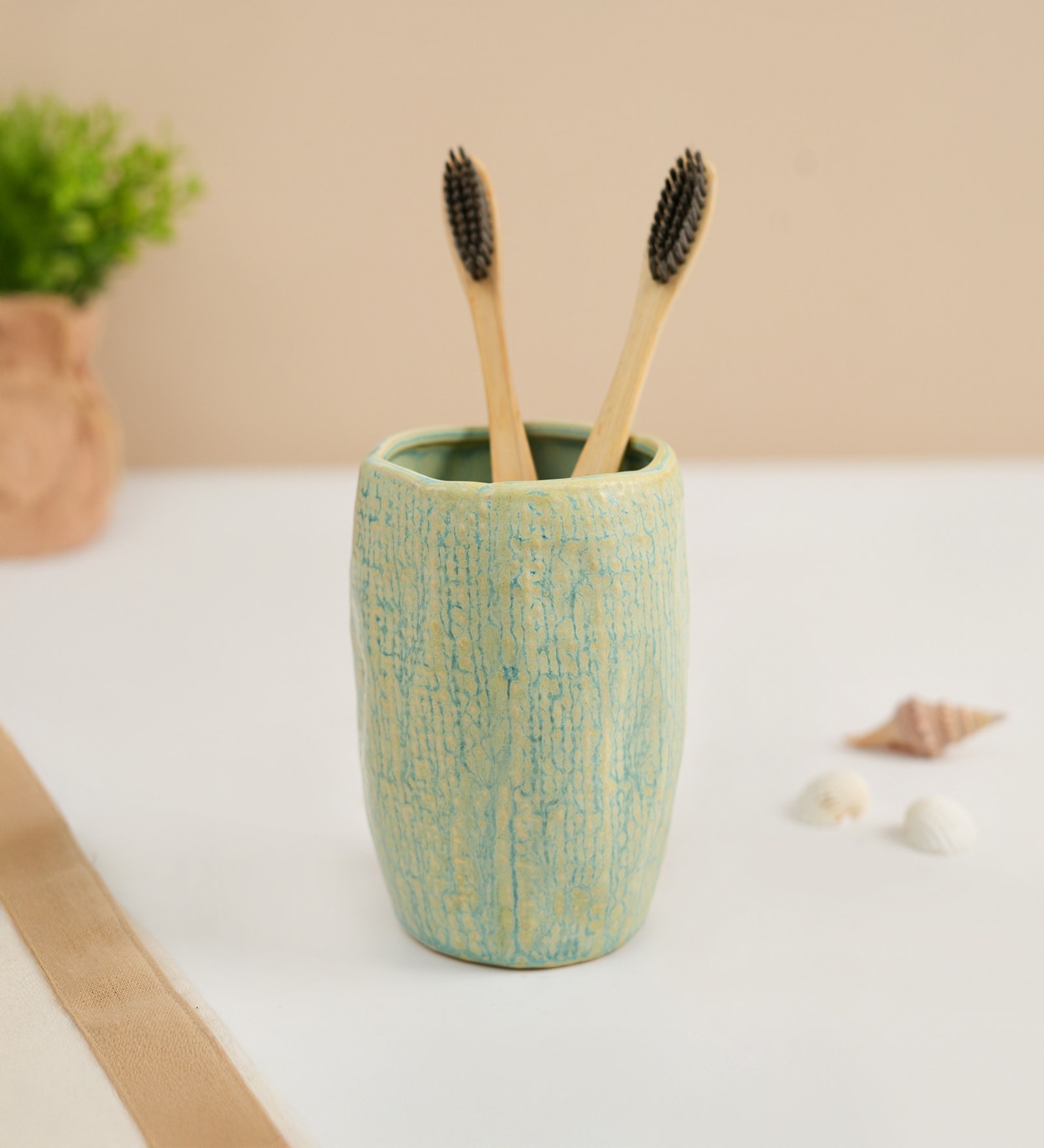 Teal Green Ceramic Oblong Wavetoothbrush Holder