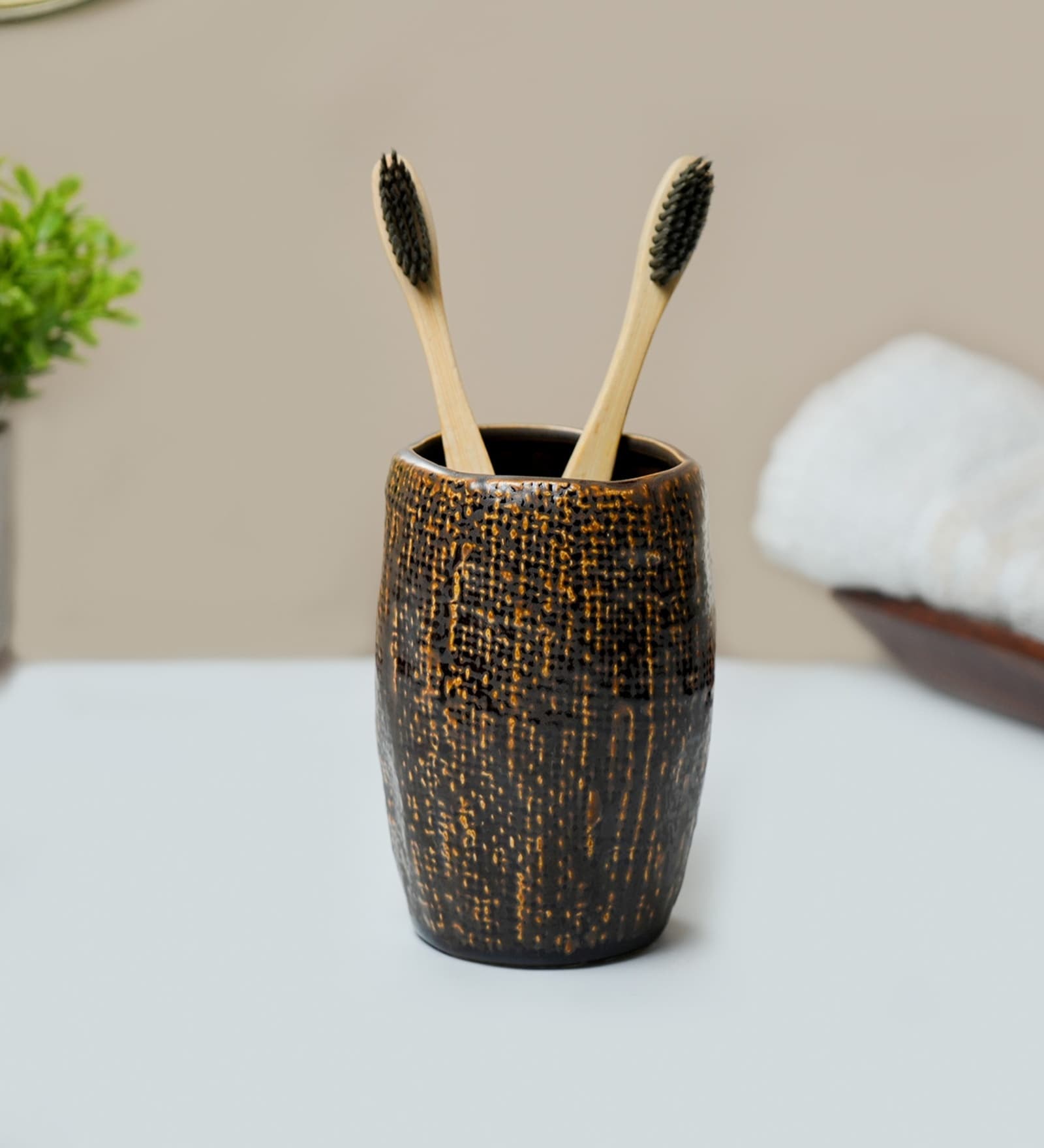Brown Ceramic Toothbrush Holders