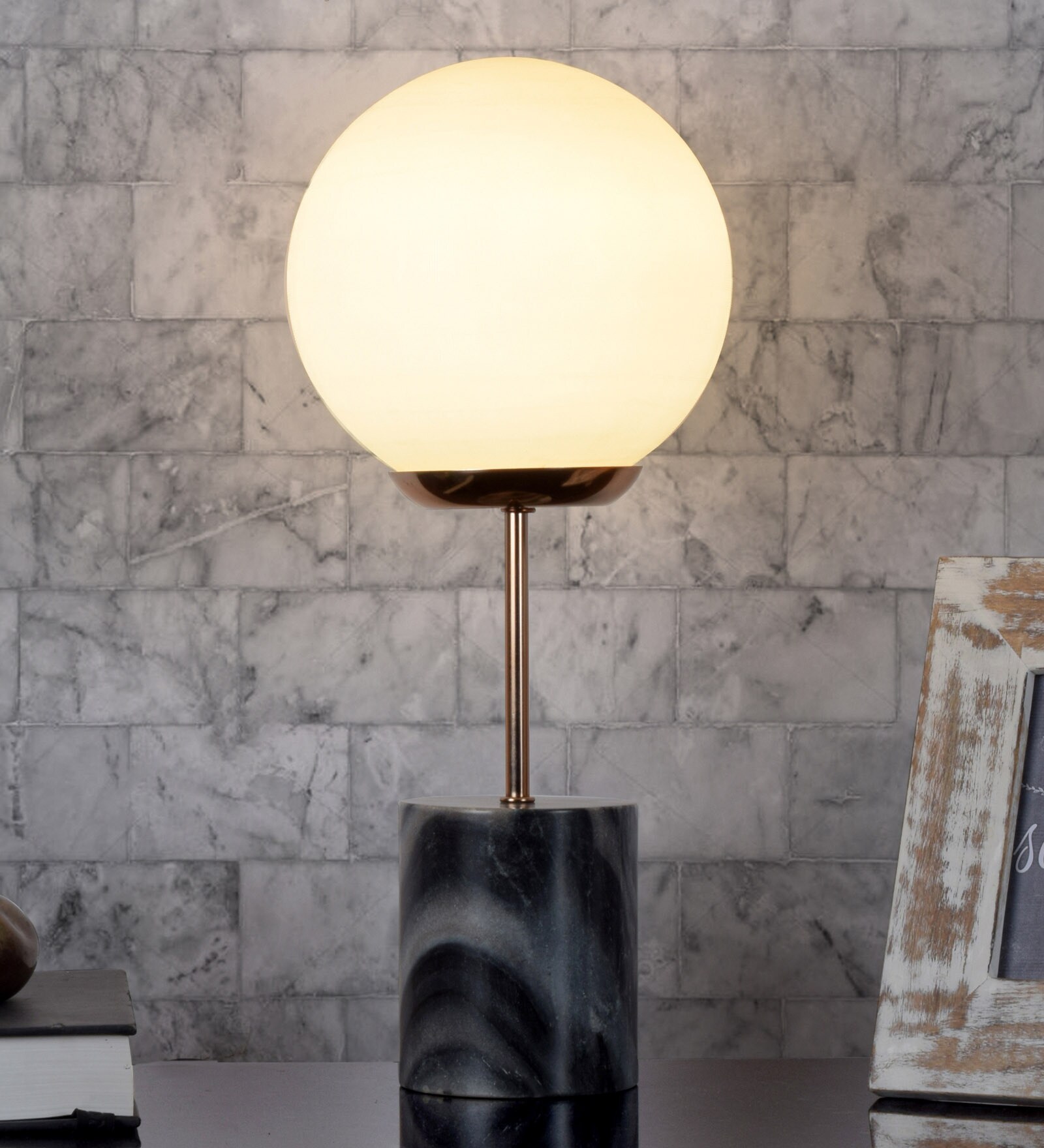 Lecce White Glass Shade Night Lamp With Marble Base