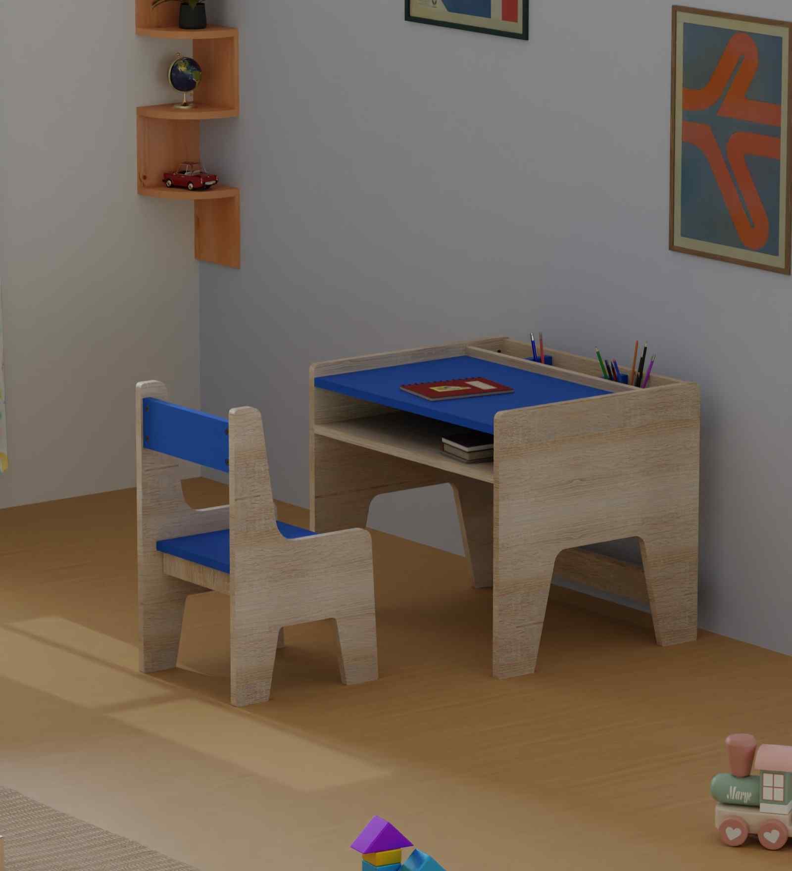 Topolino Toddler Activity Table & Chair in Oak and Blue Colour