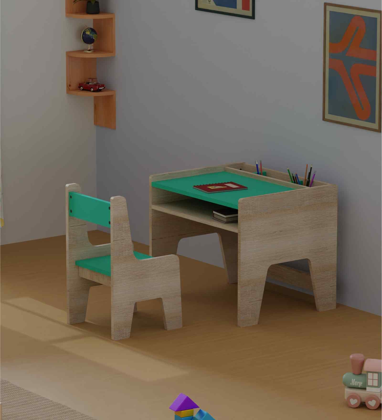 Topolino Toddler Activity Table & Chair in Oak and Teal Colour