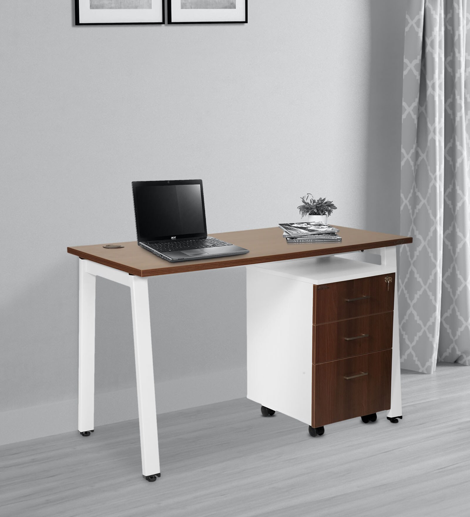 Buy Toronto Study Table with Pedestal in Dark Acacia & White Colour at