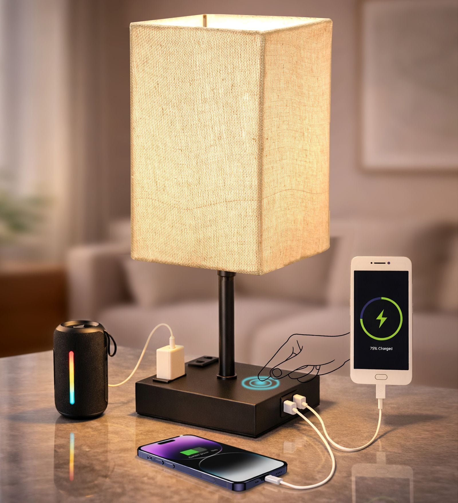 Touch Table Lamp with USB A + Type C Charging Ports Dual AC Outlets, Touch Control