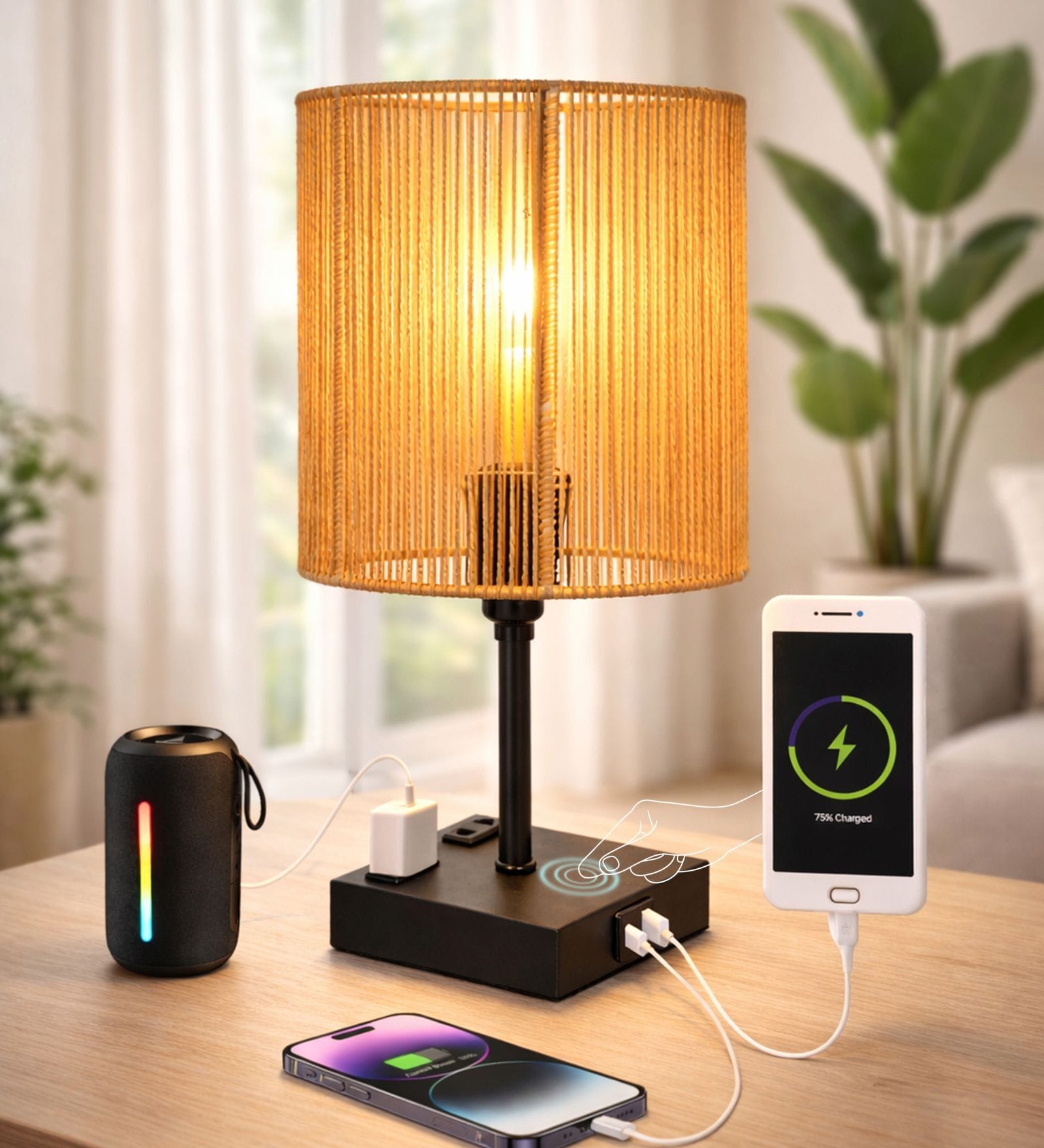 Touch Table Lamp with USB A + Type C Charging Ports Dual AC Outlets, Touch Control