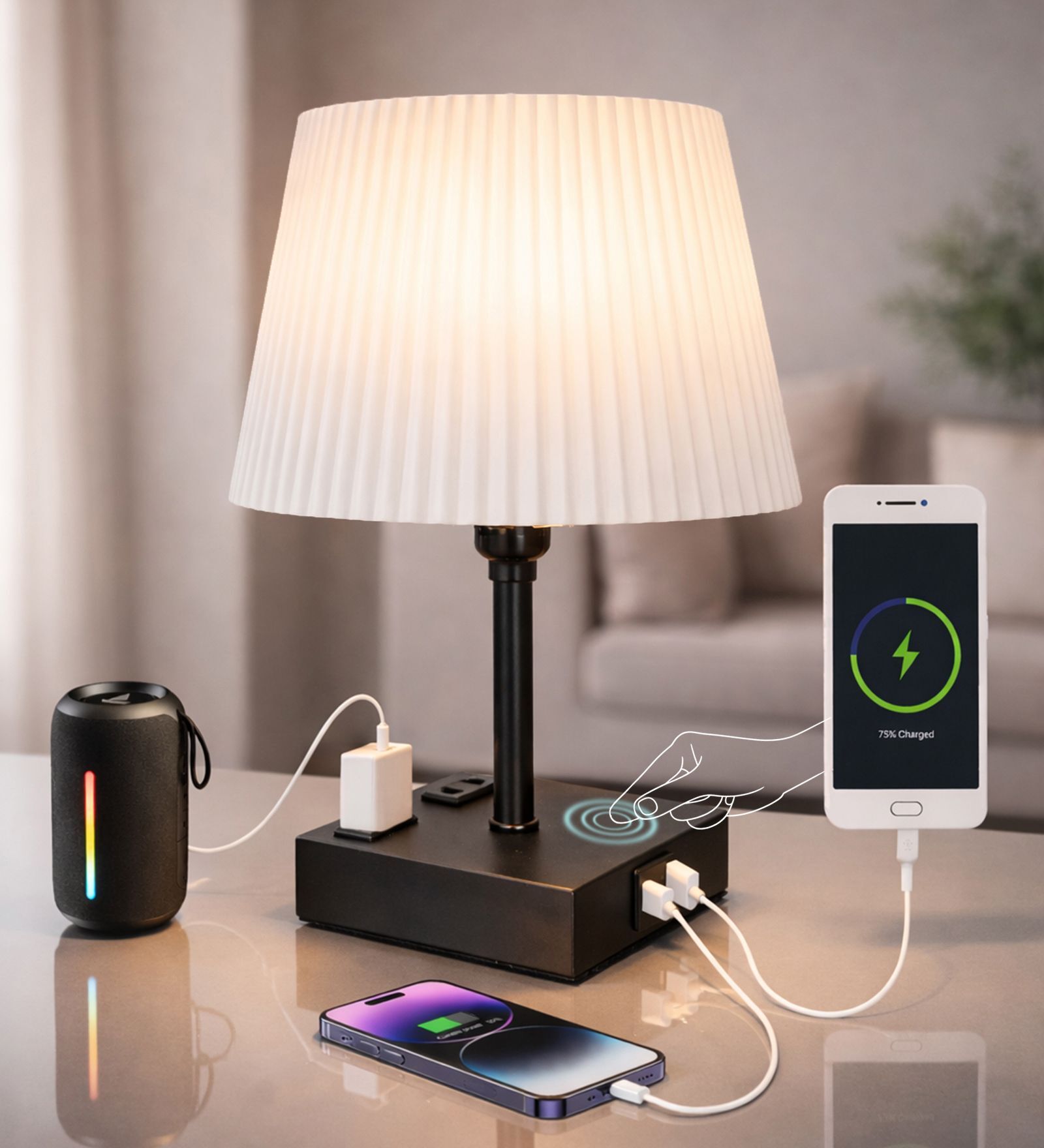 Touch Table Lamp with USB A + Type C Charging Ports Dual AC Outlets, Touch Control