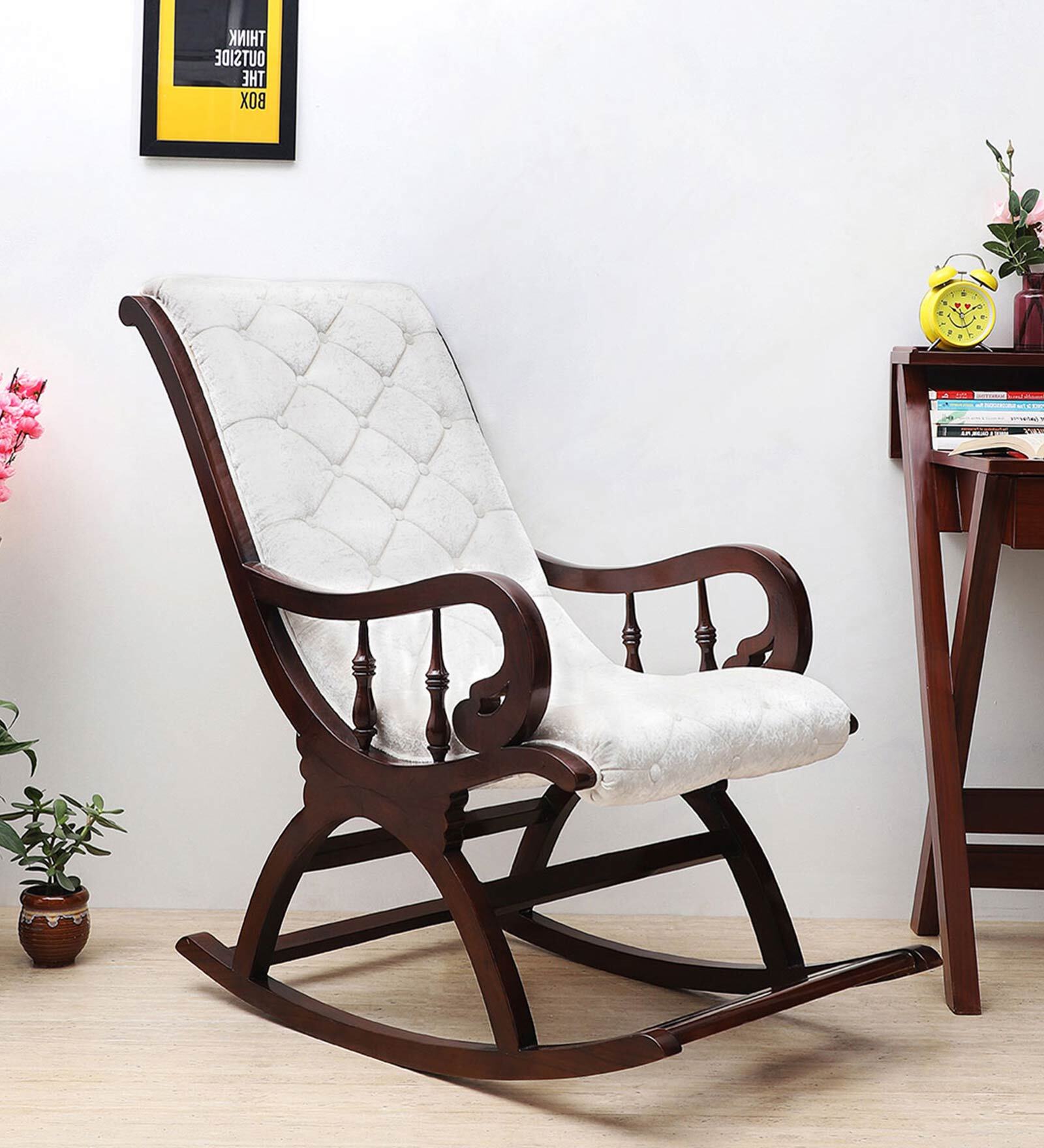 Touffy Solid Wood Rocking Chair in Brown & Silver Colour