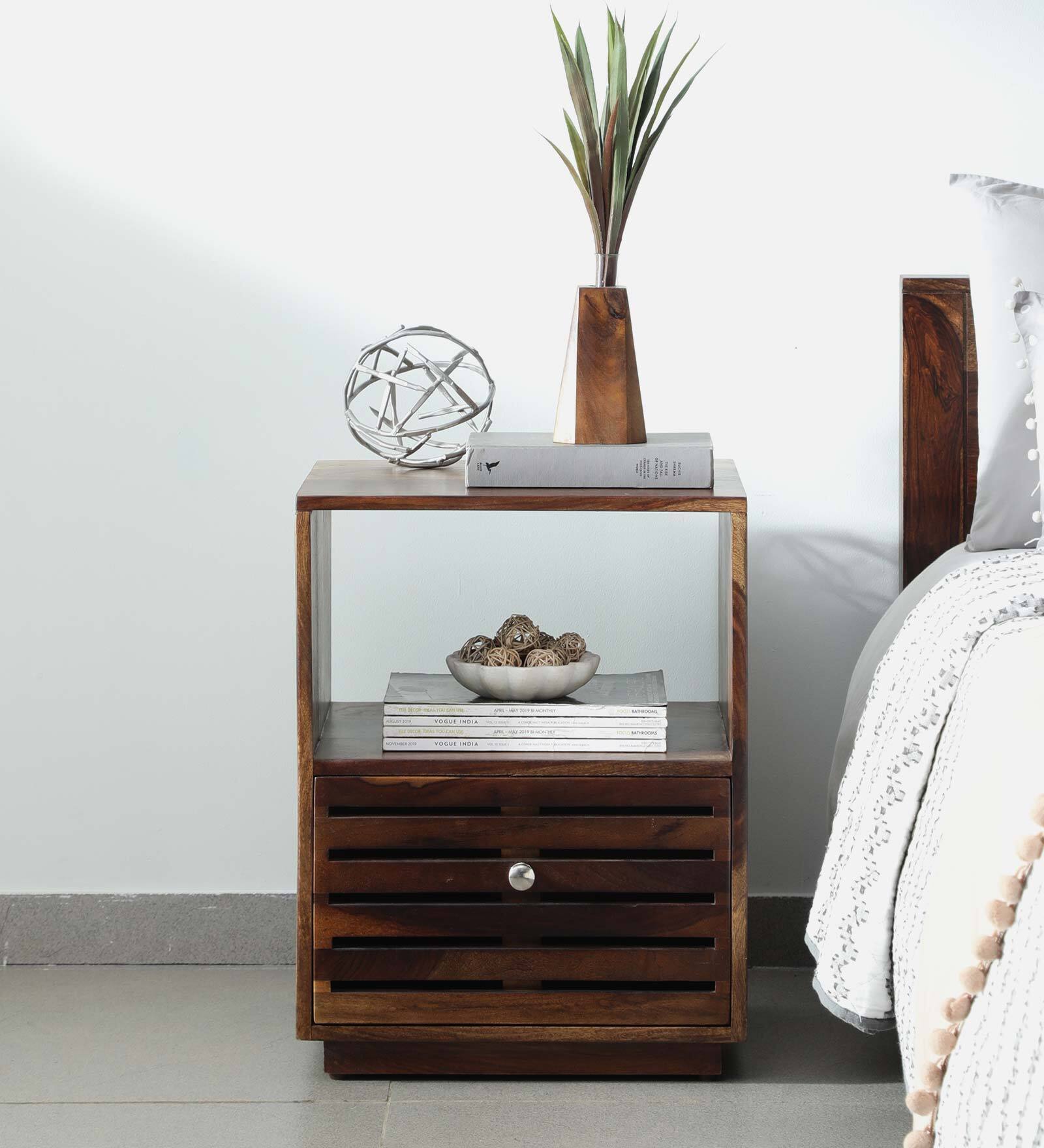 Toulouse Sheesham Wood Bedside Table In Scratch Resistant Provincial Teak Finish With Drawer