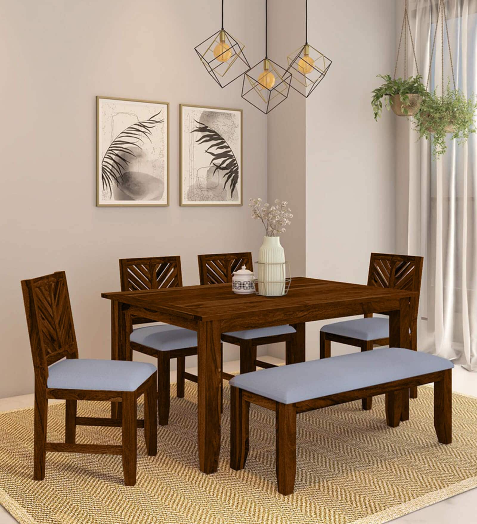 Tourconing Sheesham Wood 6 Seater Dining Set in Scratch Resistant Provincial Teak Finish With Bench