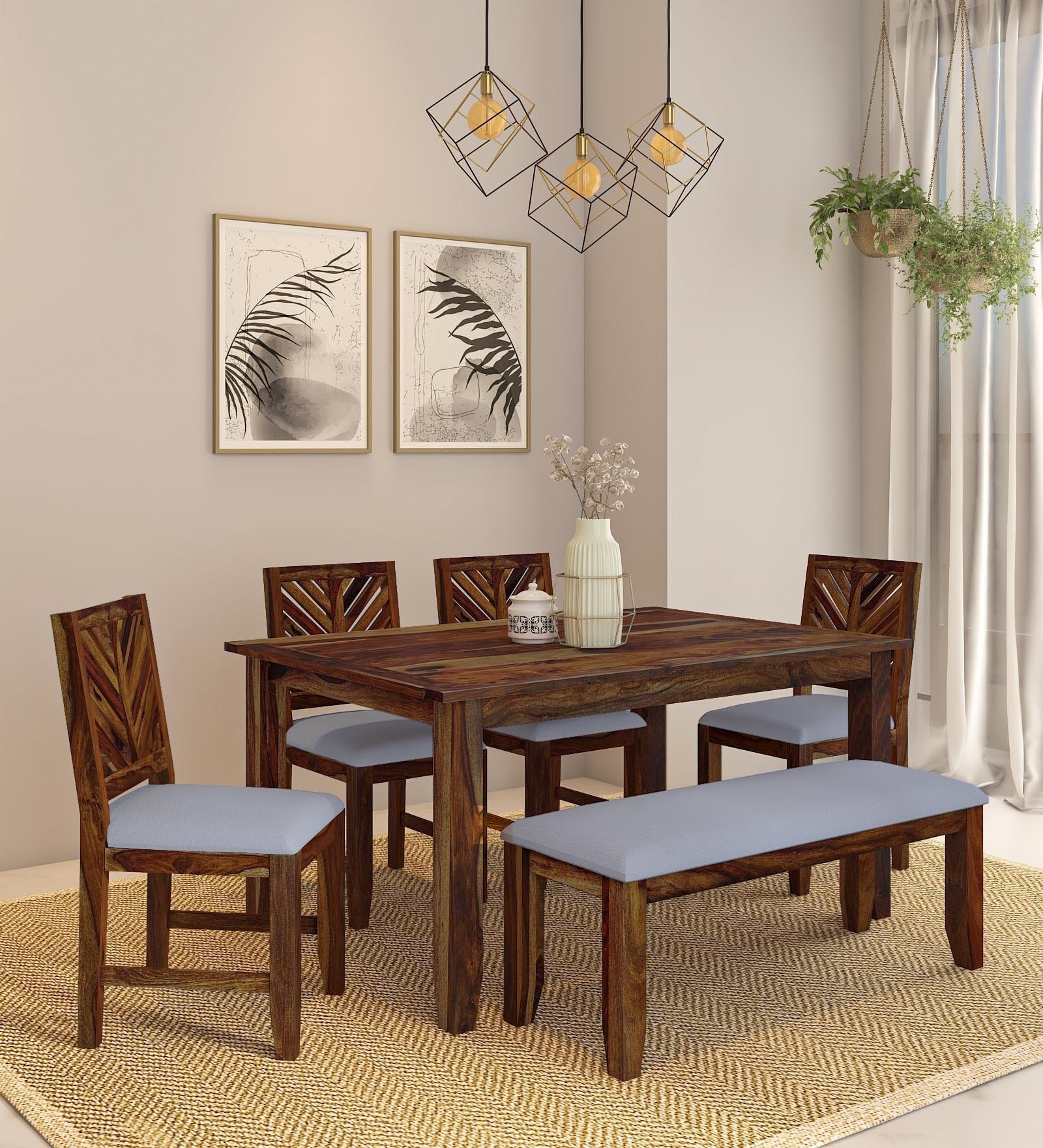 Tourconing Sheesham Wood 6 Seater Dining Set in Scratch Resistant Rustic Teak Finish With Bench