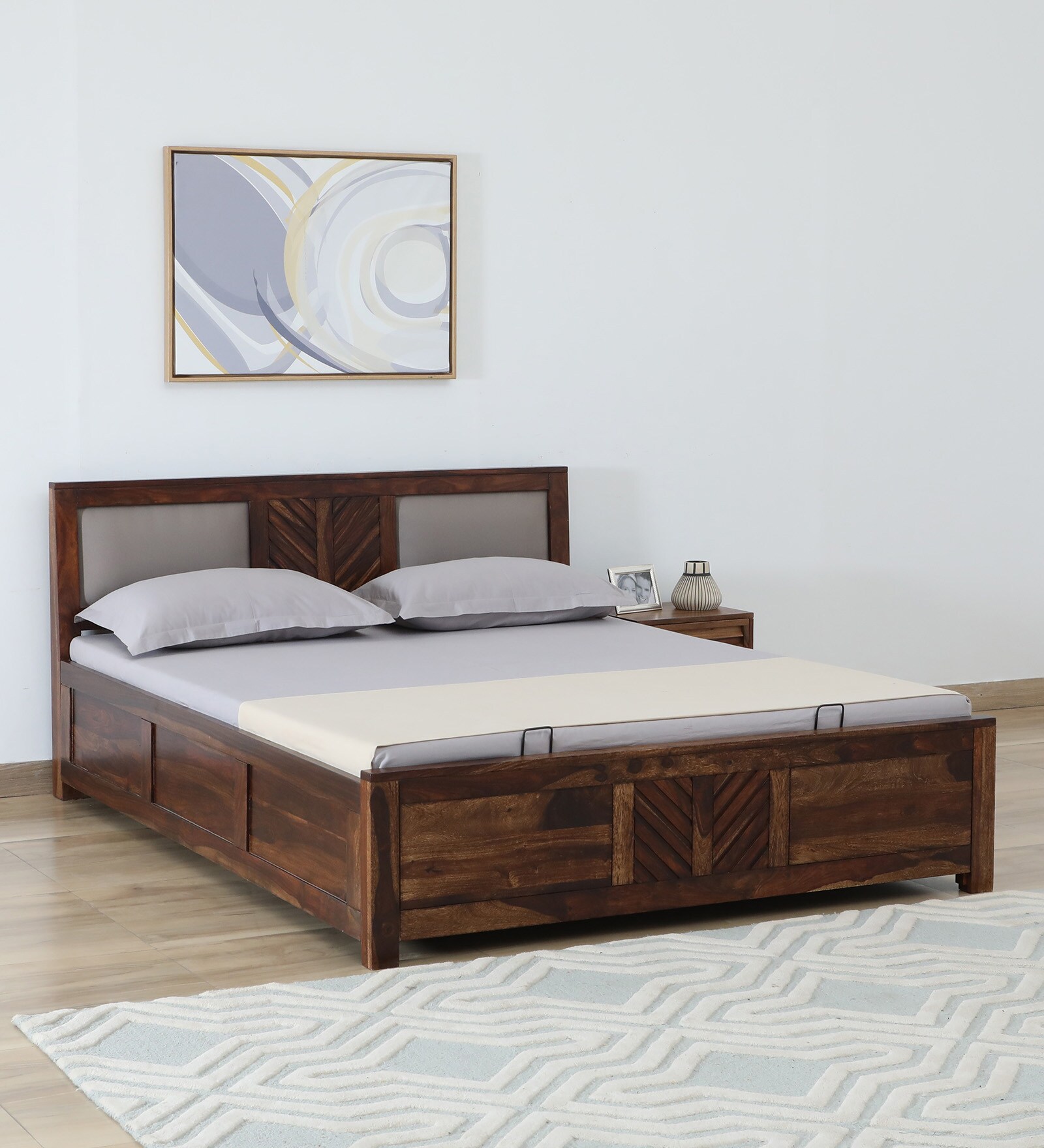 Tourconing Sheesham Wood King Size Bed In Provincial Teak Finish With Hydraulic Storage