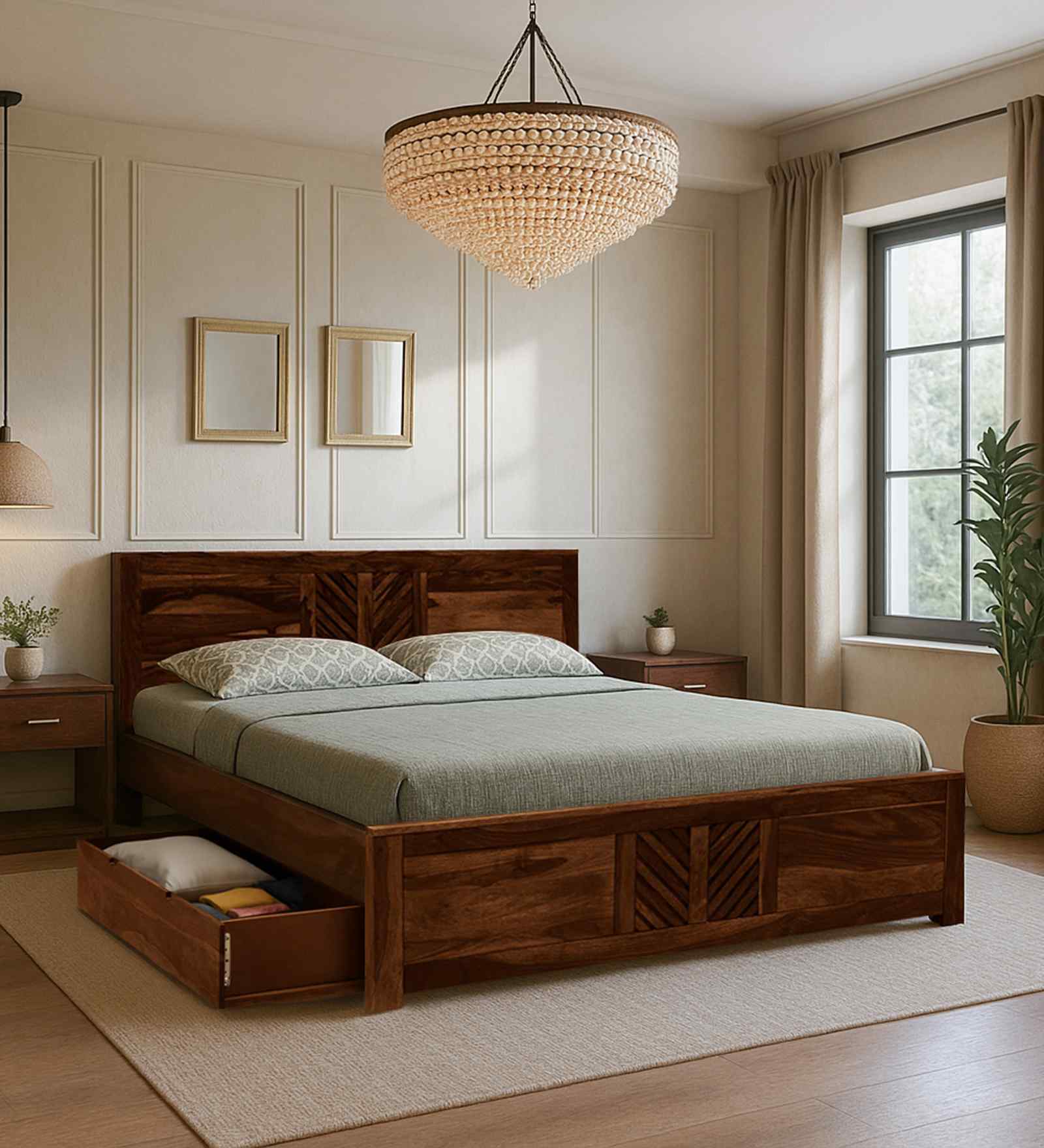 Tourconing Sheesham Wood Queen Size Bed In Provincial Teak Finish With Drawer Storage