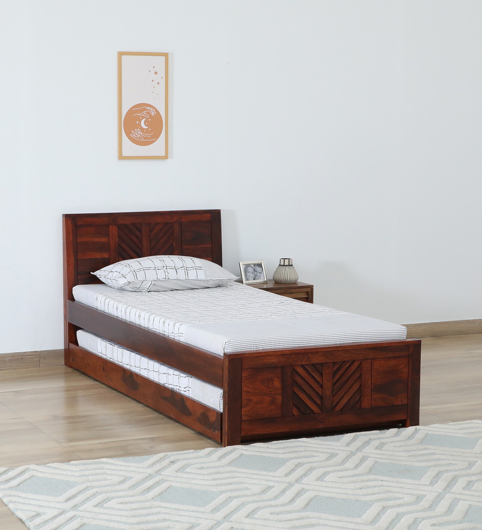 Tourconing Sheesham Wood Single Bed In Honey Oak Finish With Trundle