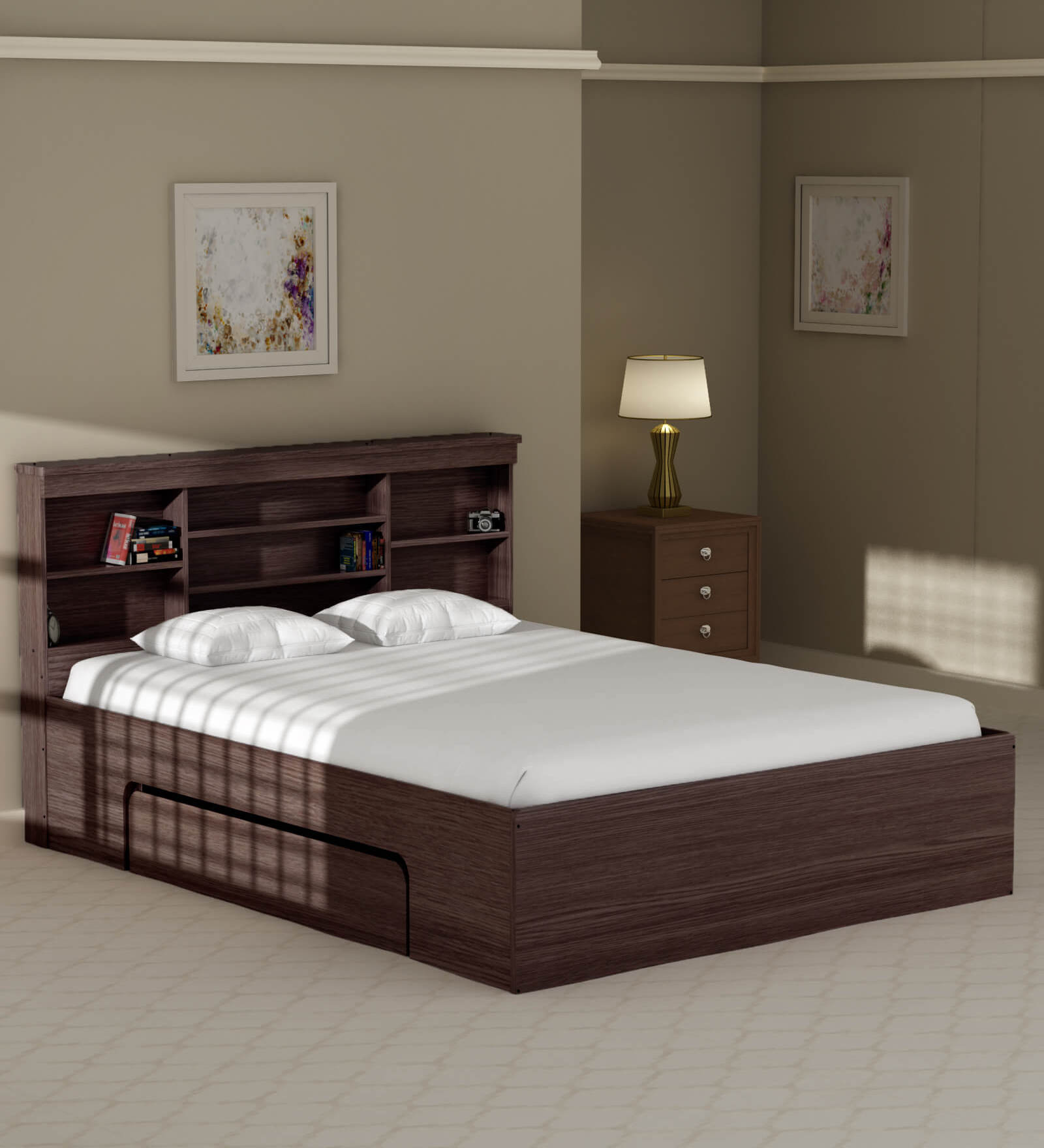 Buy Toya Queen Size Bed in Walnut Finish with Drawer Storage at 10 OFF