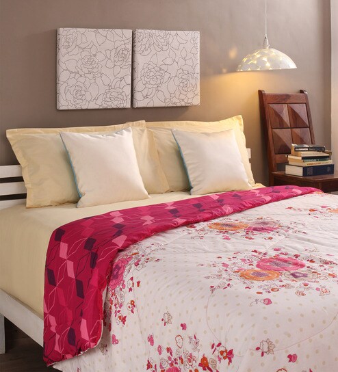 Buy Tomatillo White Pink Cotton Queen Size Comforter Online