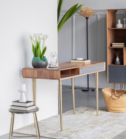 Toshi Solid Wood Writing Table in Natural Finish