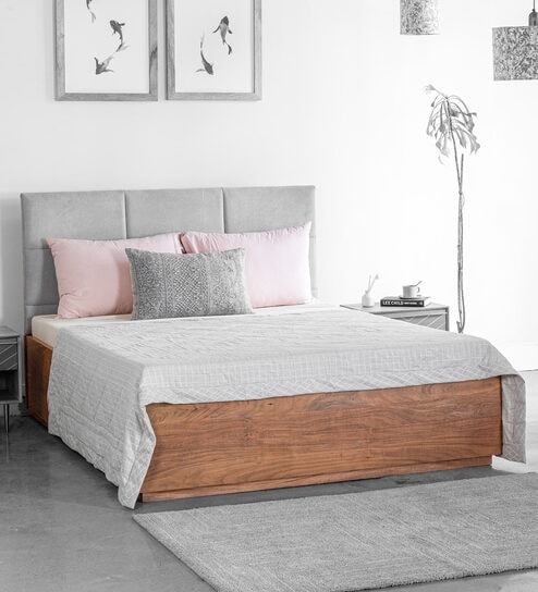 Toshi Solid Wood Queen Size Bed in Natural Finish with Hydraulic Storage