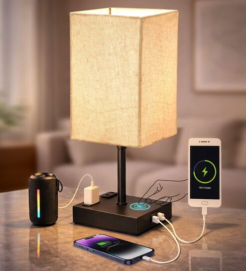 Touch Table Lamp with USB A + Type C Charging Ports Dual AC Outlets, Touch Control