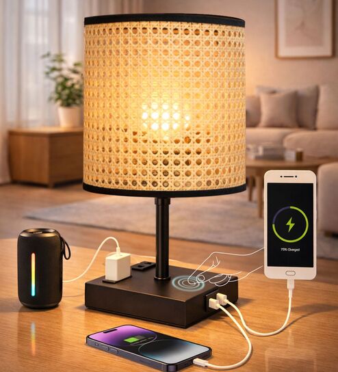 Touch Table Lamp with USB A + Type C Charging Ports Dual AC Outlets, Touch Control