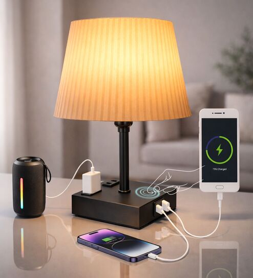 Touch Table Lamp with USB A + Type C Charging Ports Dual AC Outlets, Touch Control