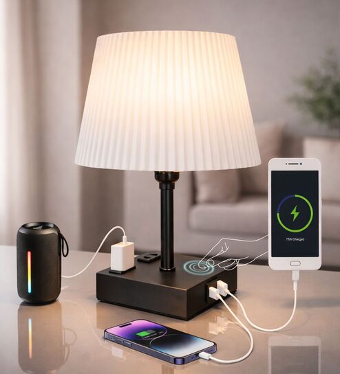 Touch Table Lamp with USB A + Type C Charging Ports Dual AC Outlets, Touch Control