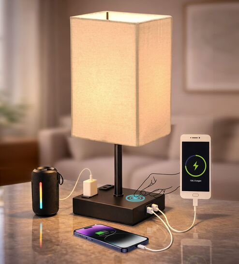 Touch Table Lamp with USB A + Type C Charging Ports Dual AC Outlets, Touch Control
