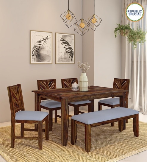 Tourconing Sheesham Wood 6 Seater Dining Set in Scratch Resistant Rustic Teak Finish With Bench