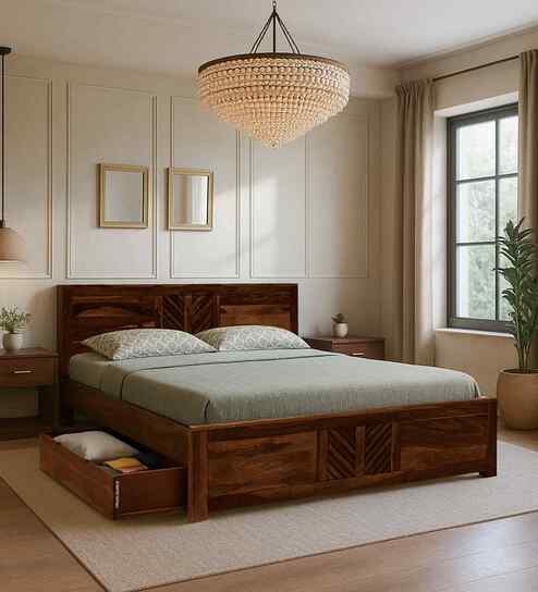 Tourconing Sheesham Wood King Size Bed In Provincial Teak Finish With Drawer Storage
