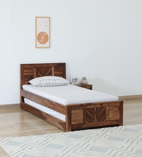 Tourconing Sheesham Wood Single Bed In Rustic Teak Finish With Trundle