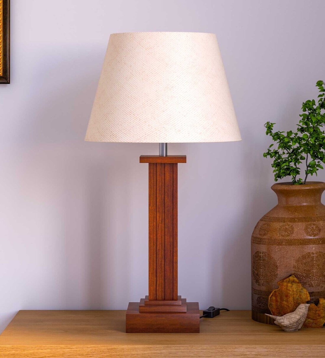 Buy Traditional Square Base Wooden Table Lamp With 14 Inches Off White
