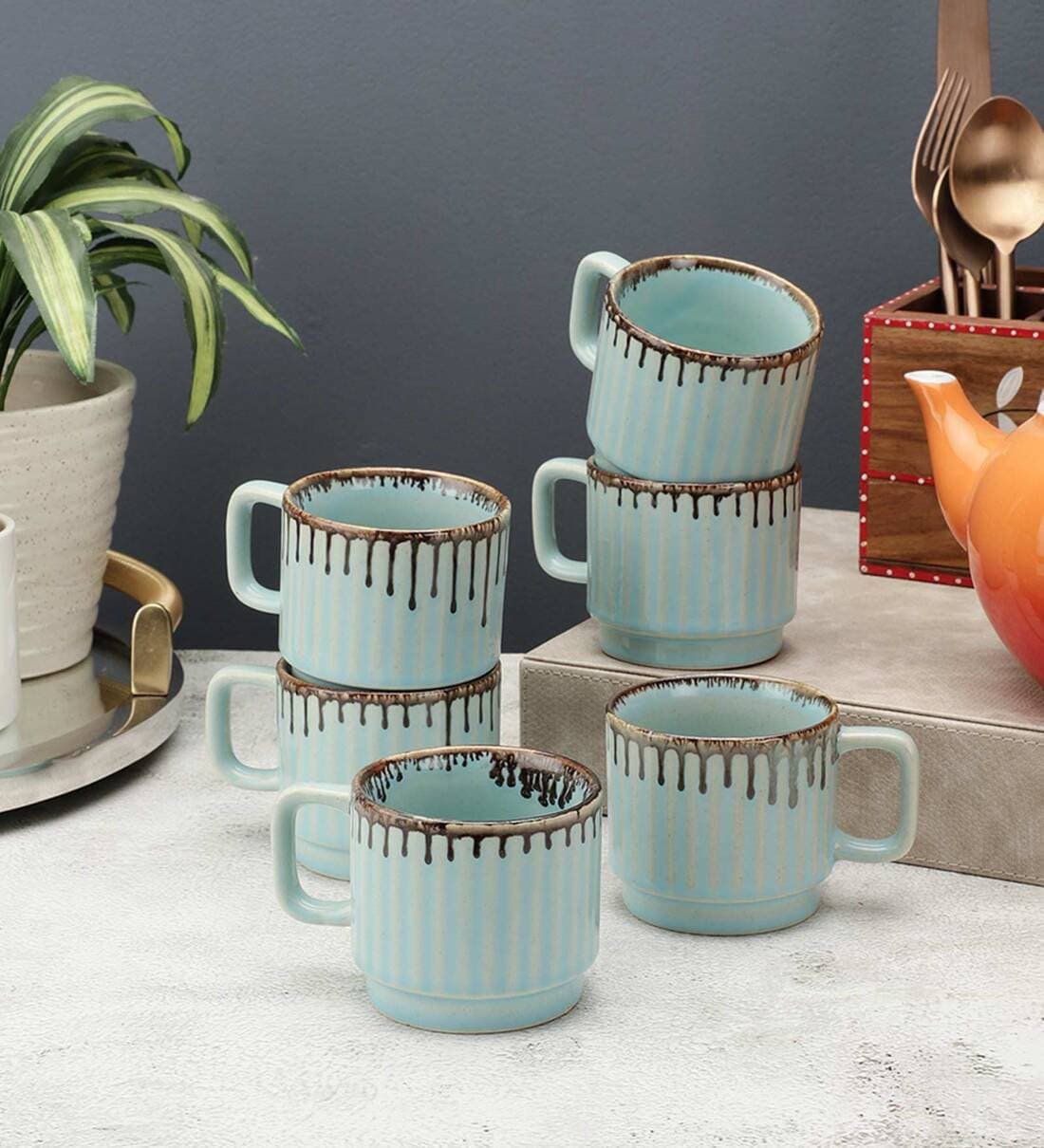 Tranquil 100ml Mint Green & Brown Ceramic (Set of 6) Tea Cup