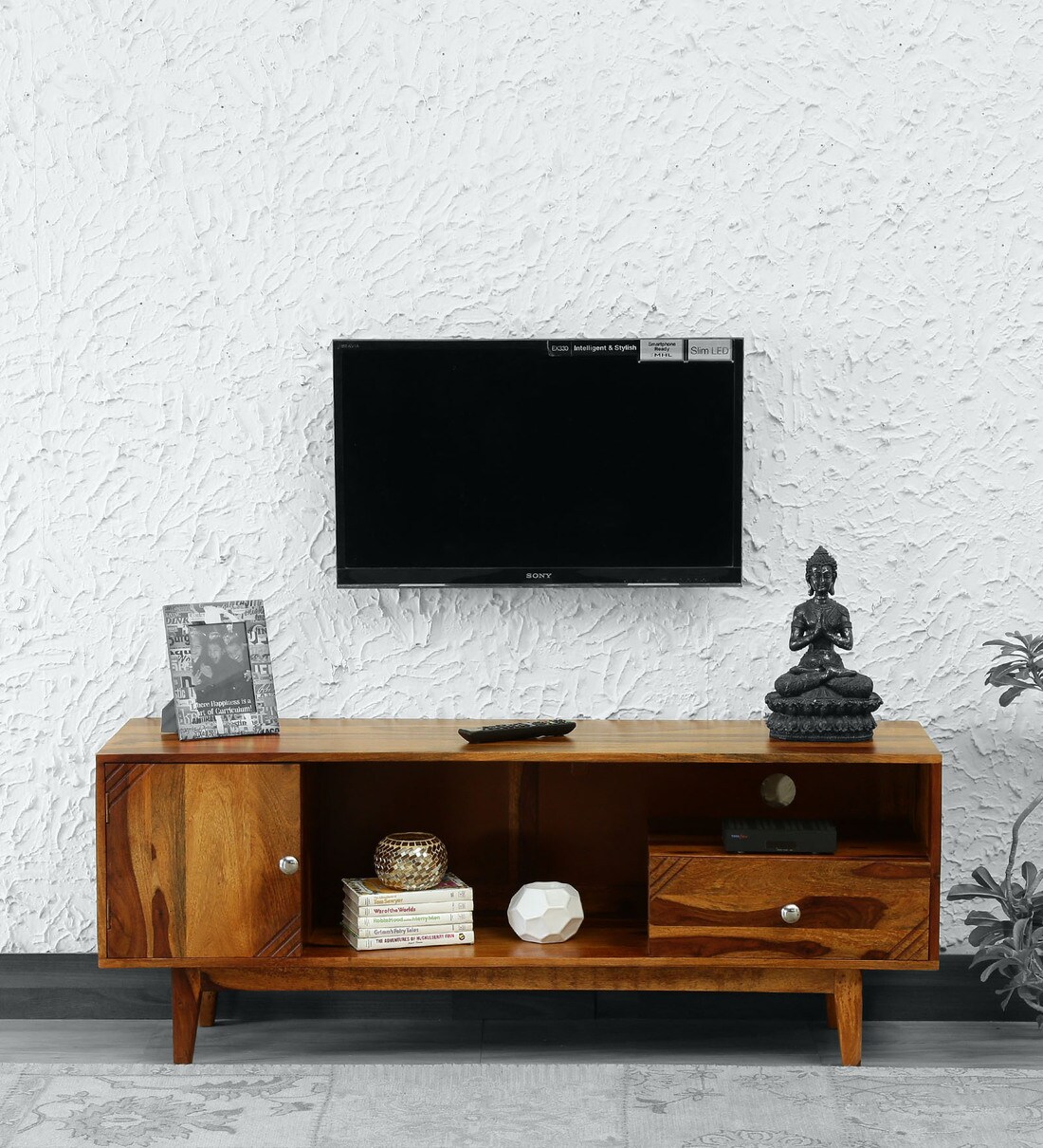 Buy Triosh Solid Wood Entertainment Unit In Natural Teak Finish By