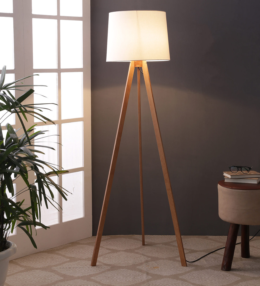 Buy White Fabric Shade Tripod Floor Lamp With Brown Base Casacraft By