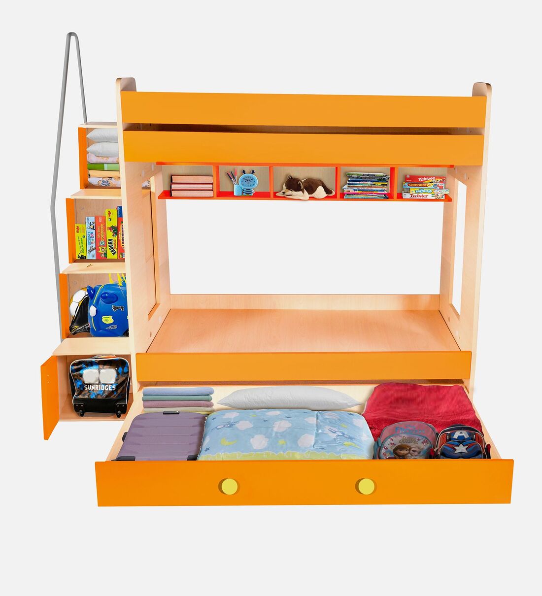 Buy Trundle Bunk Bed with Storage & Shelves in Orange Colour By YiPi