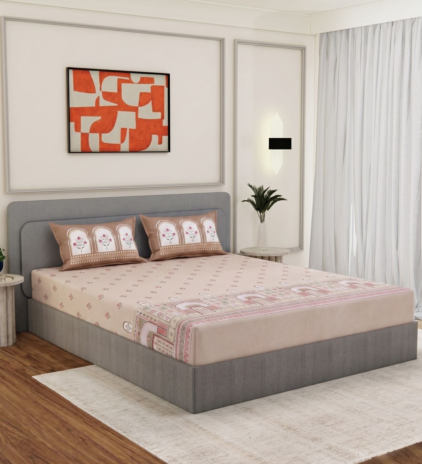 Beige Architectural 144 TC Cotton King Sized Bedsheet With 2 Pillow Covers