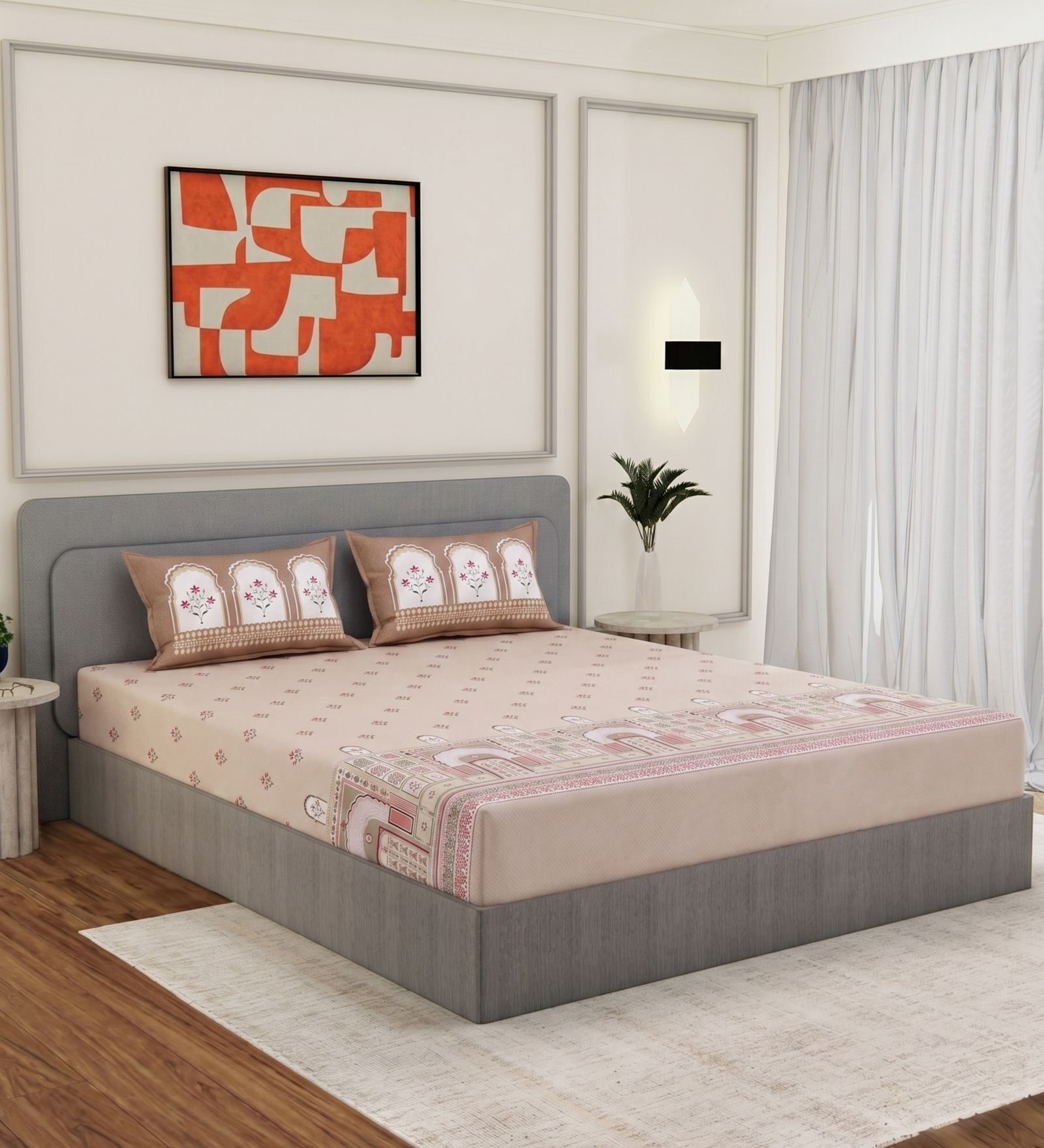 Beige Architectural 144 TC Cotton King Sized Bedsheet With 2 Pillow Covers