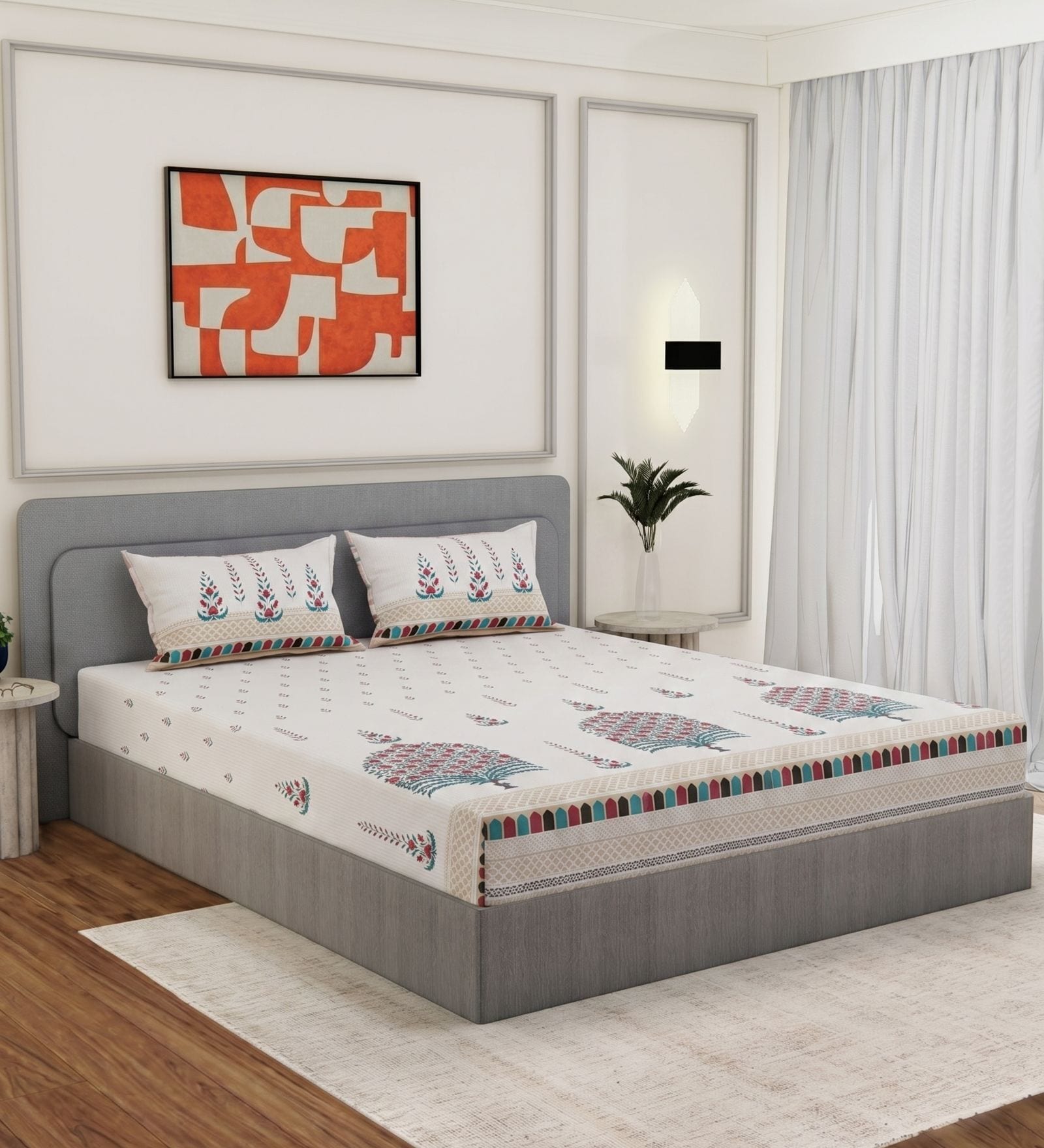 Red Medallion 144 TC Cotton King Sized Bedsheet With 2 Pillow Covers