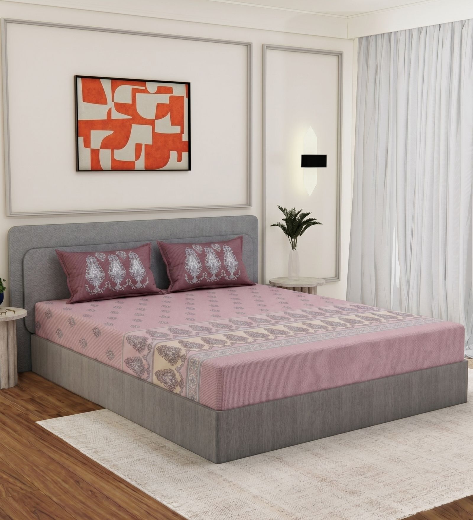 Pink Paisley 144 TC Cotton King Sized Bedsheet With 2 Pillow Covers