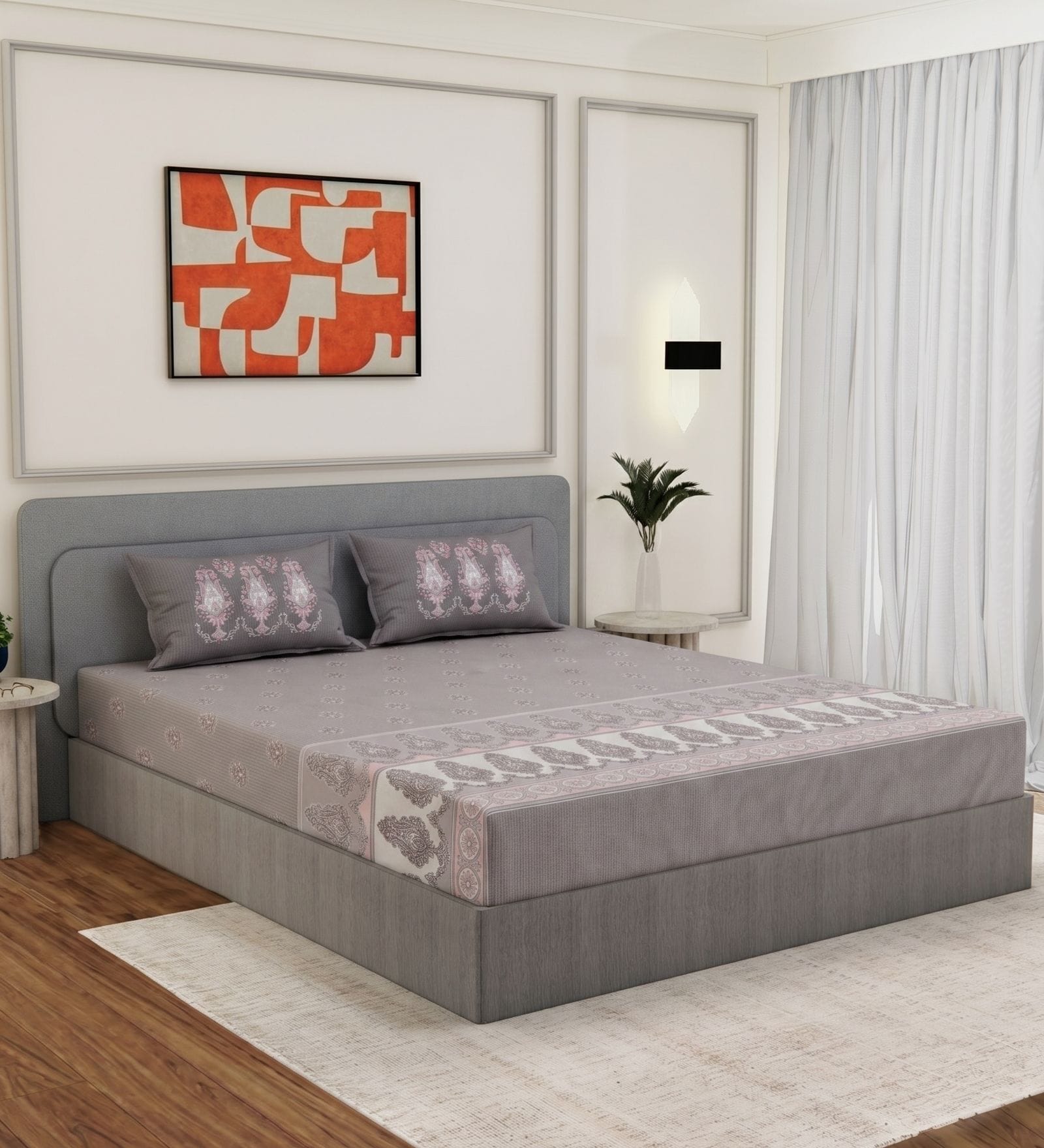 Grey Paisley 144 TC Cotton King Sized Bedsheet With 2 Pillow Covers