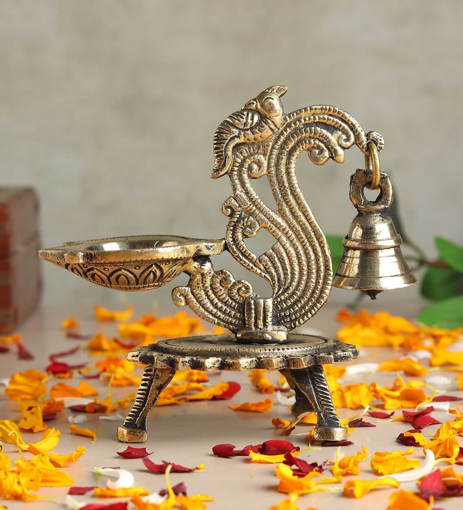 Golden Traditional Brass Aarti Diya with Parrot Design with Hanging Bell