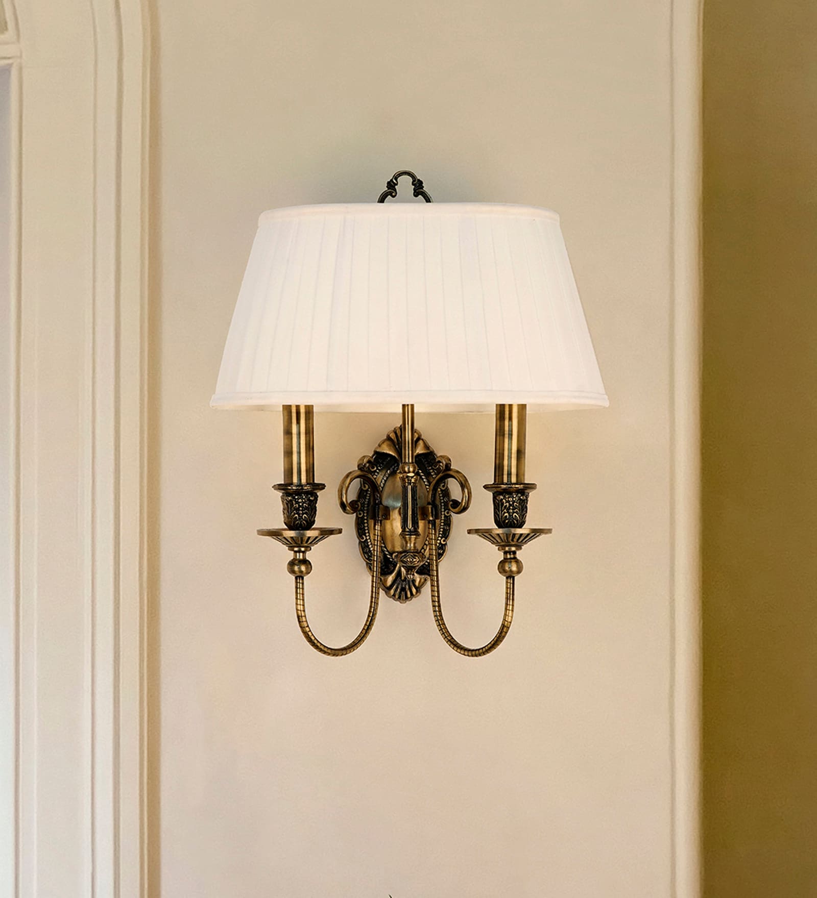 Traditional Double Antique Finish Wall Sconce with Pleated White Fabric Shade