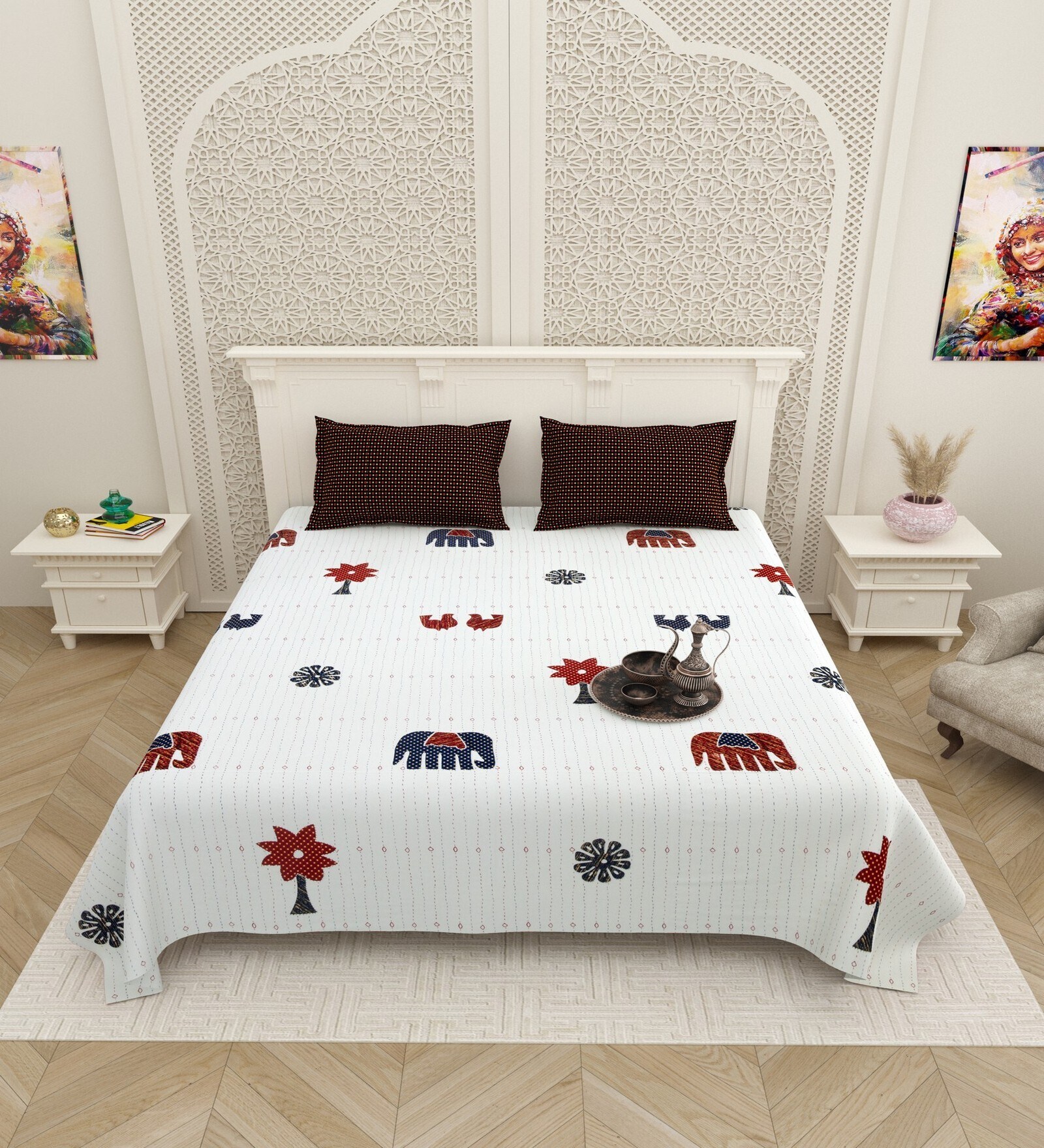 White Traditional print 144 TC Cotton King Size  Bedsheet With 2 Pillow Cover
