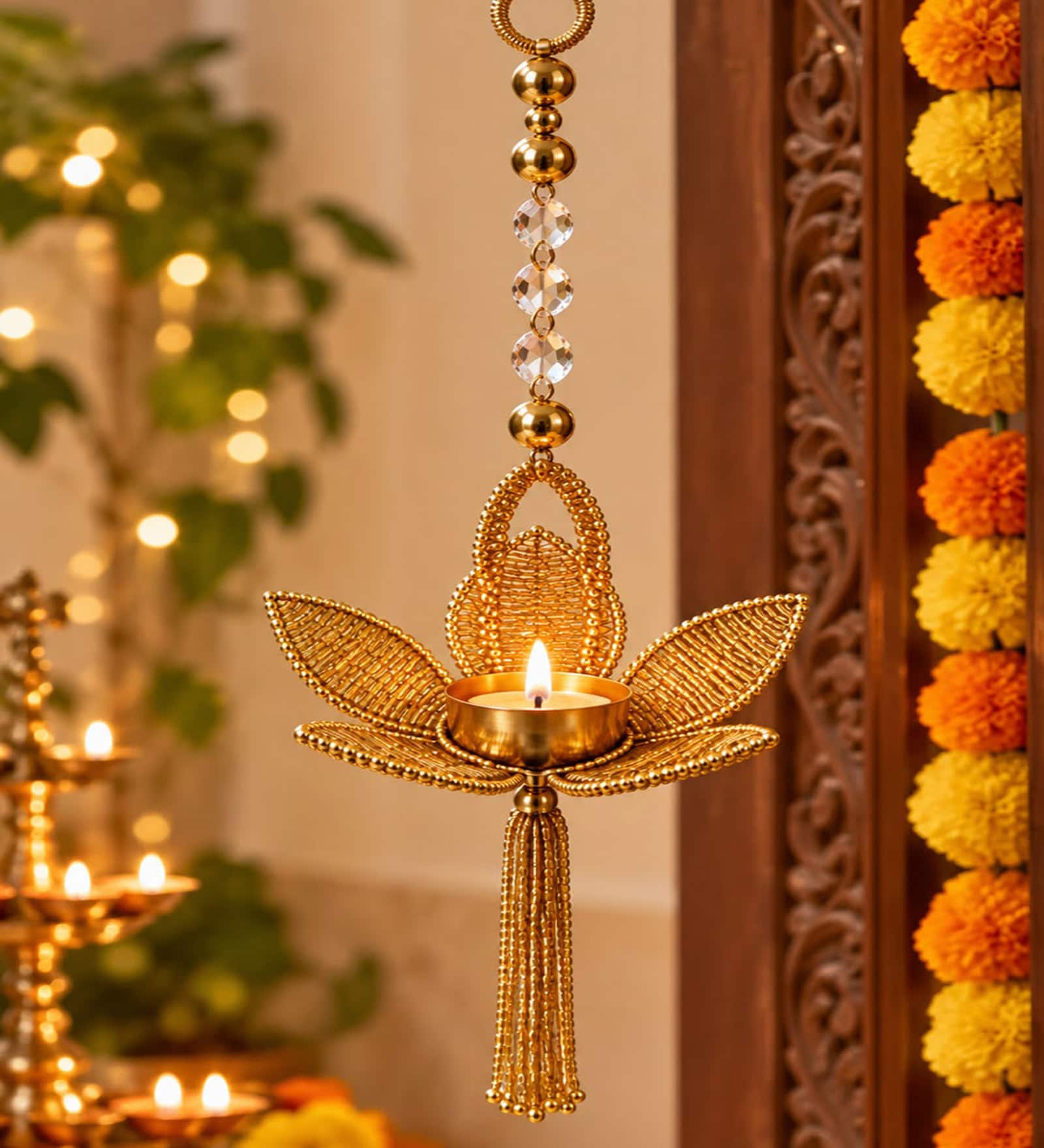 Traditional Golden Lotus Hanging Diya Holder with Beads and Tassel with Tealight Candle