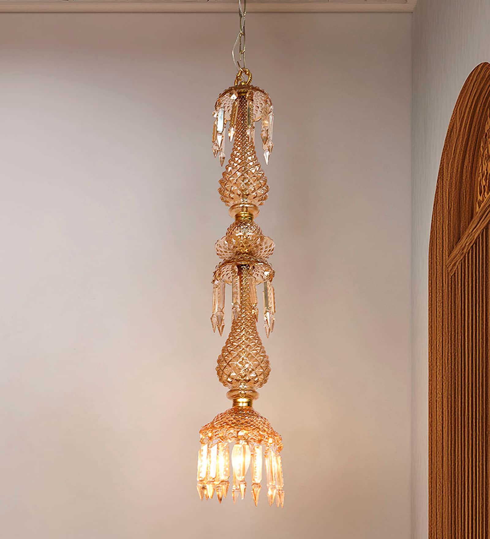 Traditional Golden Luster Molded Glass Pendant Light with Hand-Cut Crystals, 38-Inch Length