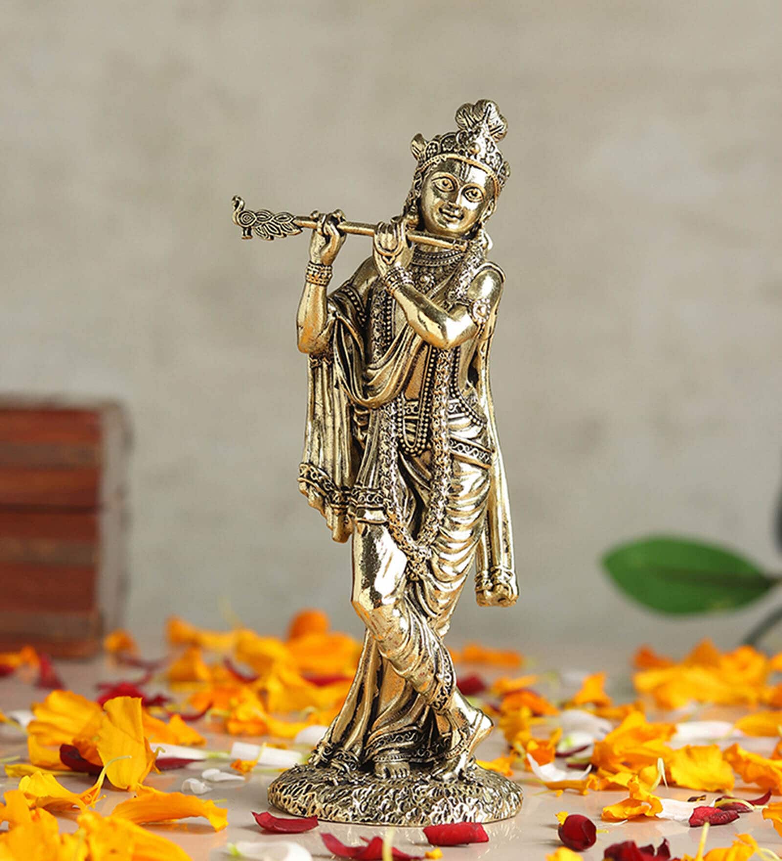 Golden Traditional Krishna Brass Idol Playing Flute
