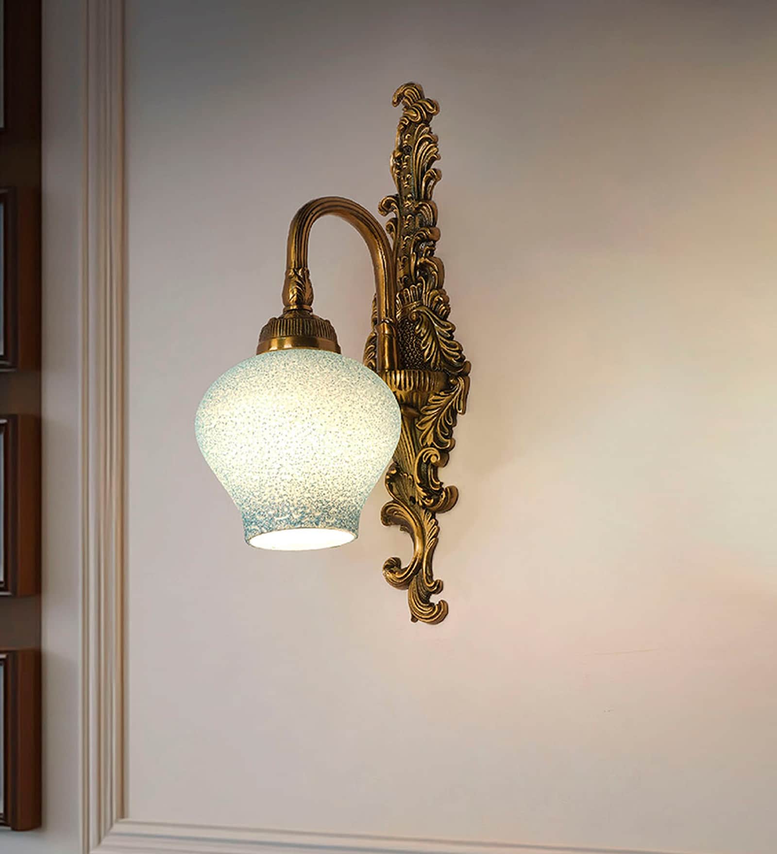 Traditional Long Antique Brass Finish Wall Sconce with Blue Beaded Glass