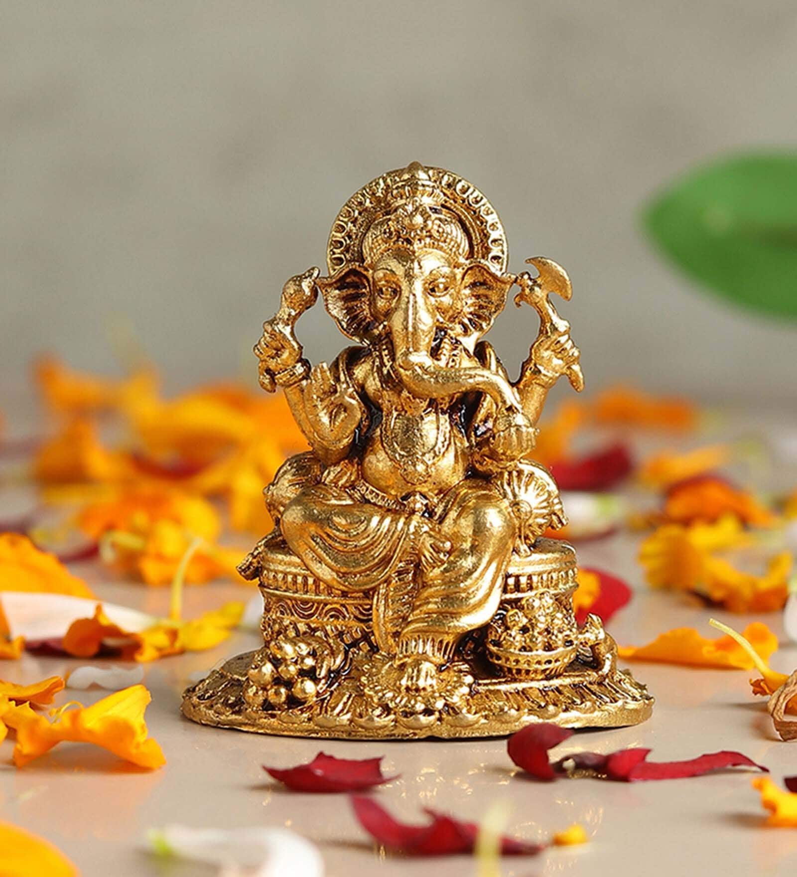 Golden Traditional Lord Ganesha Murti Brass Figurine