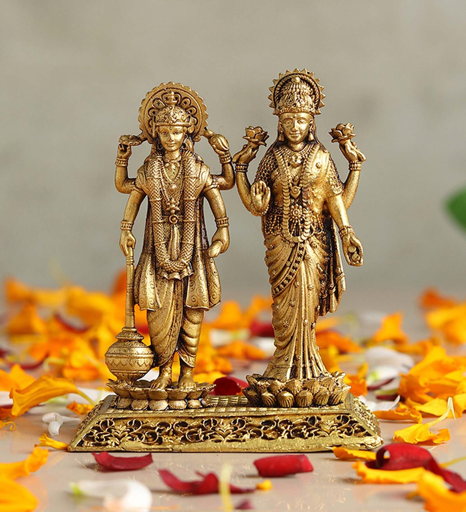 Golden Traditional Lord Vishnu with Laxmi Ji Brass Idol