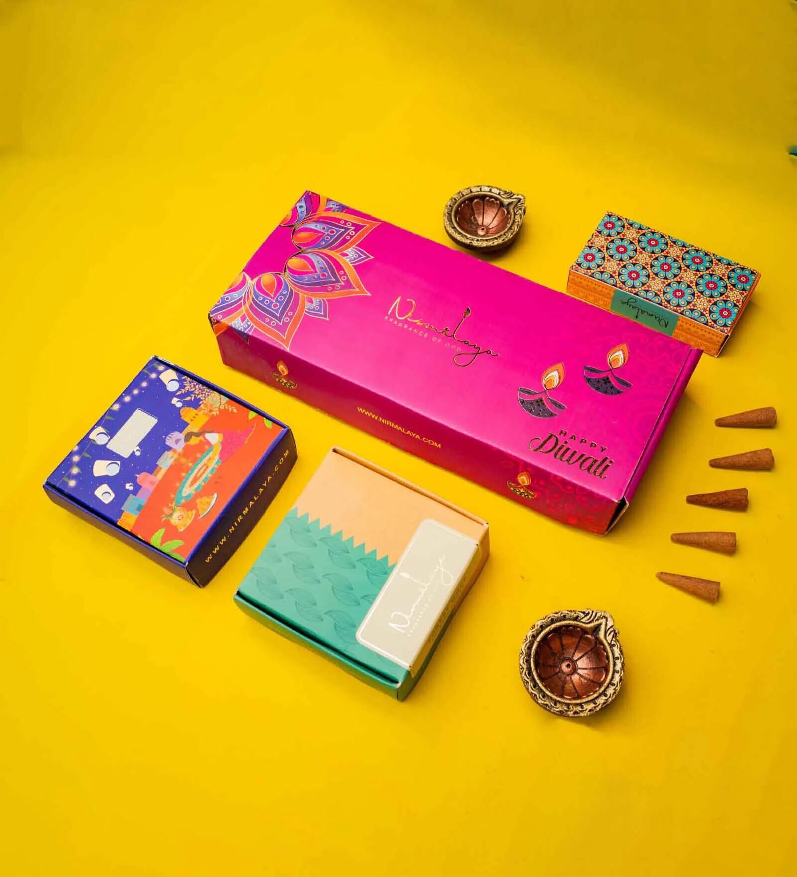 Traditional Mandala Diwali Gift Hampers- 40 Incense Cone Box, Rangoli Box- 5 Colors and Terracotta Diyas