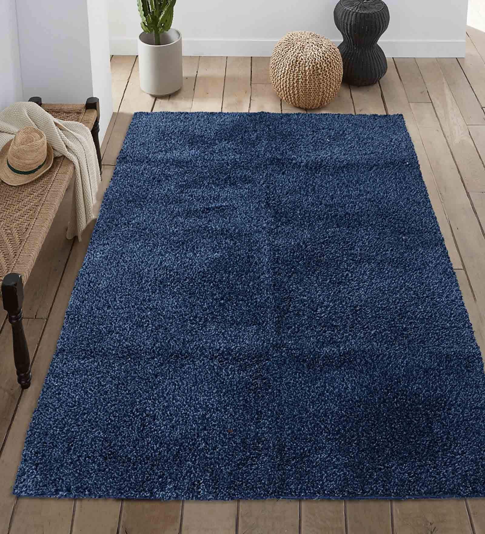 Blue Fiber Solid 4 X 6 Feet Machine Made Carpet
