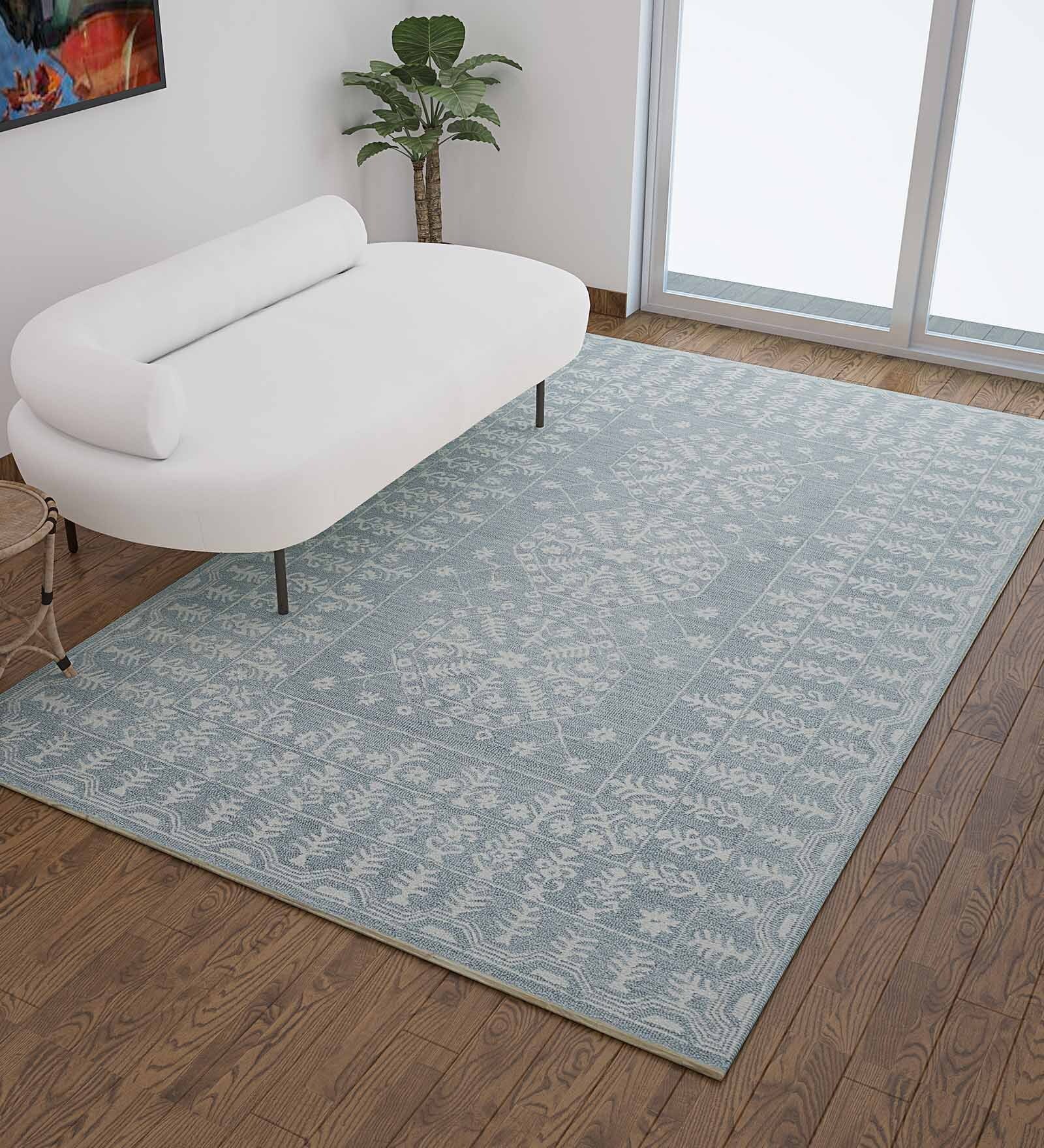 Blue Wool Vintage 8 x 10 Feet Hand Tufted Carpet